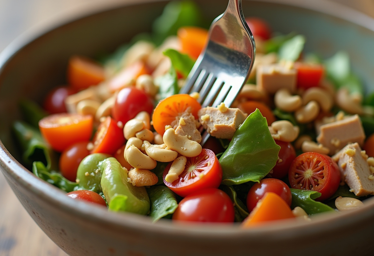 Combining a mixture of vegetables, chicken, and roasted cashews in a bowl for vibrant Chicken Cashew Crunch Salad.
