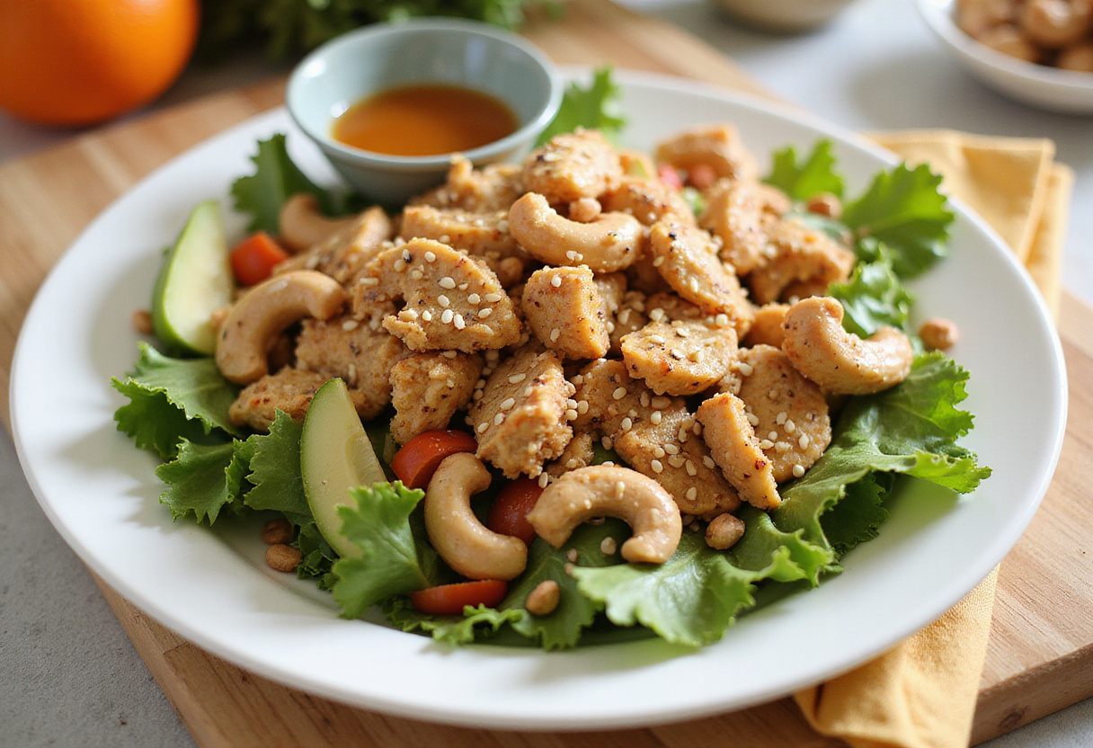 Presenting the finished Chicken Cashew Crunch Salad on a plate, garnished with sesame seeds and accompanied by dressing.