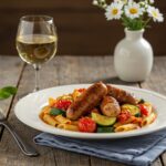 Final presentation of flavorful chicken sausages with zucchini, tomatoes, and pasta, highlighting a rustic dining experience with wine and flowers.