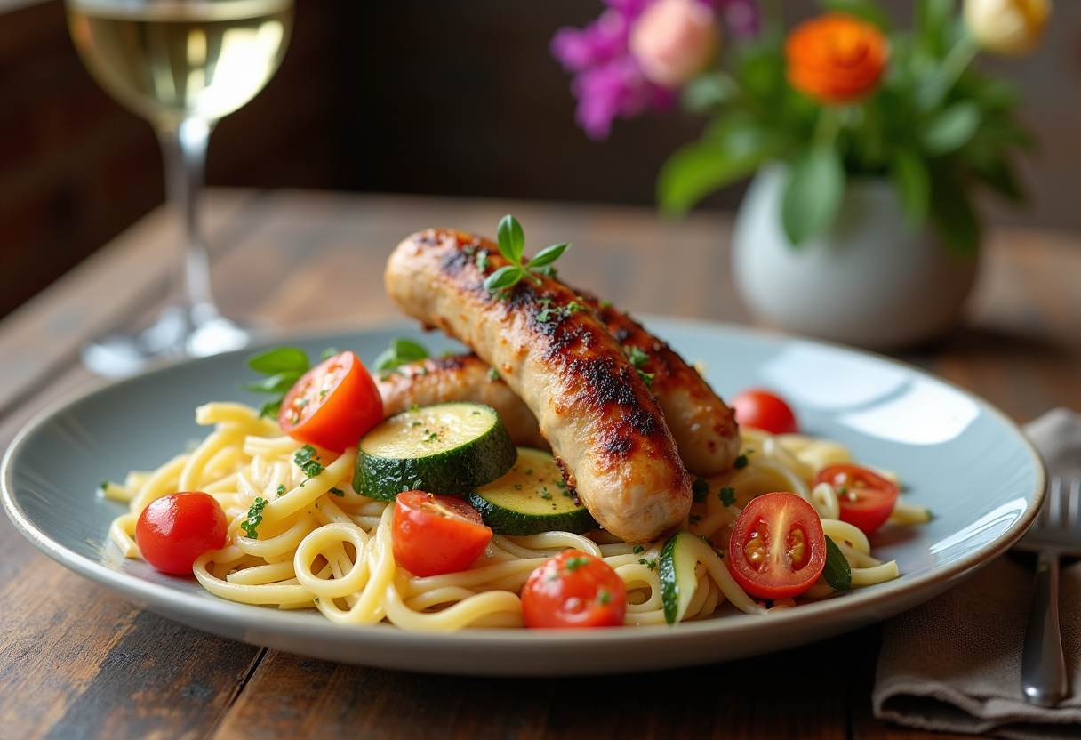 Final presentation of flavorful chicken sausages with zucchini, tomatoes, and pasta, highlighting a rustic dining experience with wine and flowers.