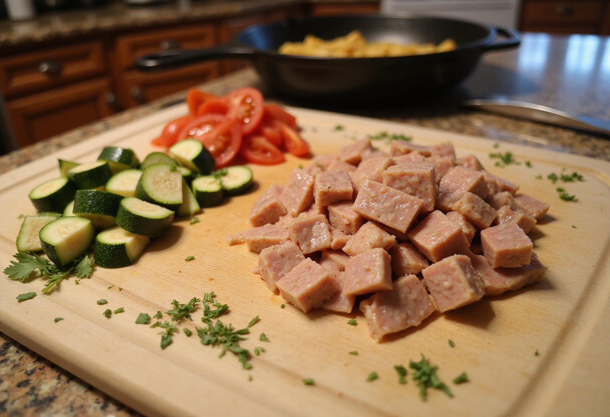 Fresh ingredients for chicken sausages with zucchini, tomatoes, and pasta displayed on a cutting board in a sunny kitchen.
