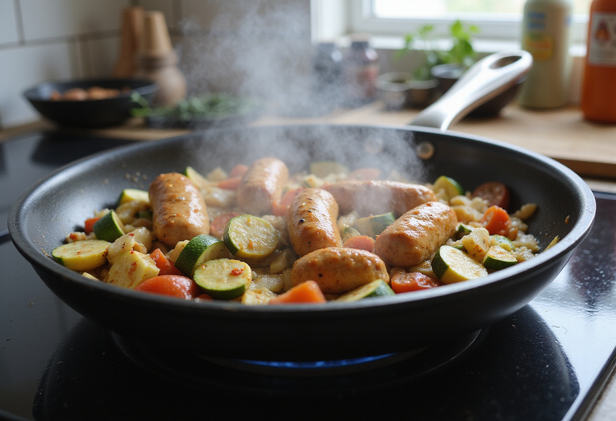 Cooking chicken sausages with zucchini and tomatoes in a skillet, capturing a realistic kitchen scene with vibrant colors and steam.