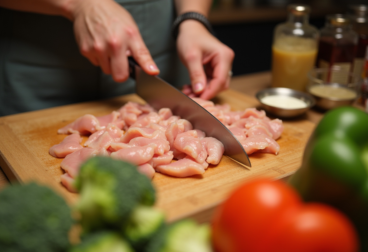 Fresh chicken breasts cut into pieces for Chicken and Broccoli Bowls with vibrant vegetables on a wooden board.