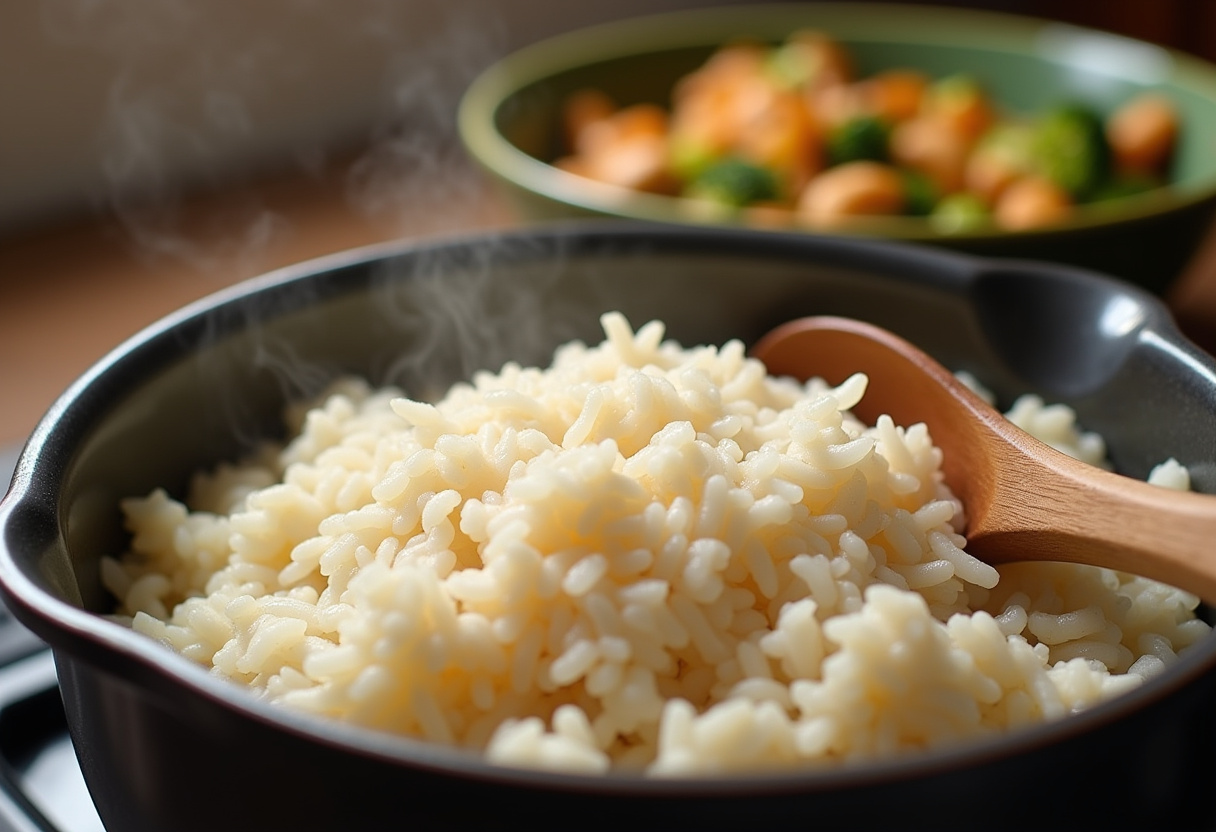 Fluffy cooked rice ready to be served in a Chicken and Broccoli Bowl, complementing the vibrant chicken and vegetable mix.