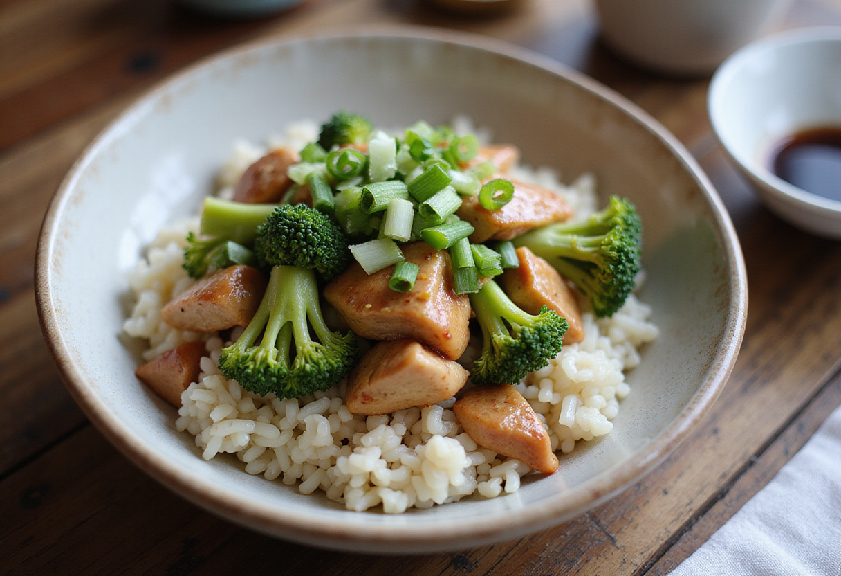 A Chicken and Broccoli Bowl being assembled with seasoned chicken and broccoli over rice, garnished with green onions for a delightful dinner.