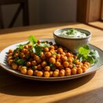 Final result of chili roasted chickpeas: crispy, garnished, and beautifully plated on a rustic table.