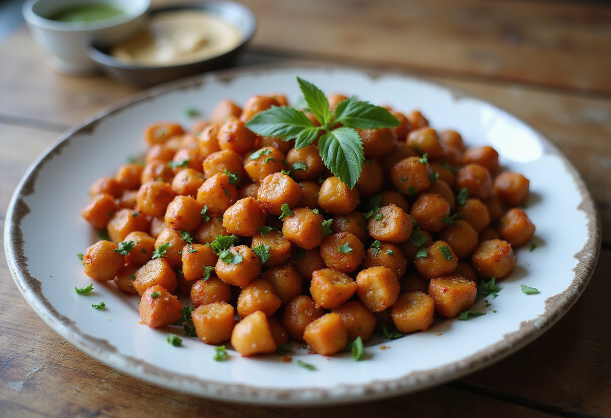 Final result of chili roasted chickpeas: crispy, garnished, and beautifully plated on a rustic table.