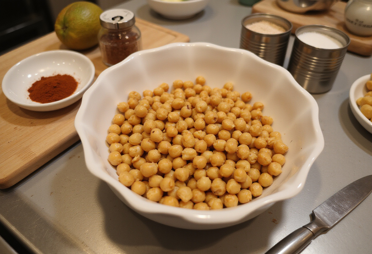 Chili roasted chickpeas preparation: rinsed chickpeas with spices on a kitchen countertop.