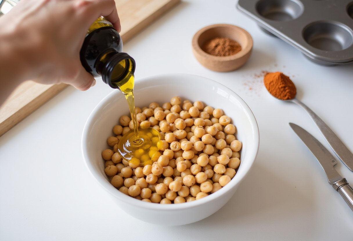Adding olive oil to chickpeas for chili roasting: a kitchen scene with spices and a baking tray.
