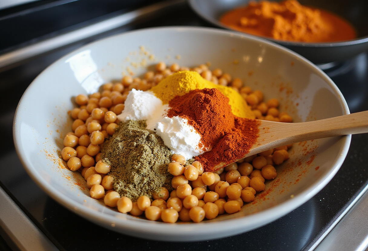 Mixing spices with chickpeas for chili roasting: colorful kitchen scene with preheated oven.