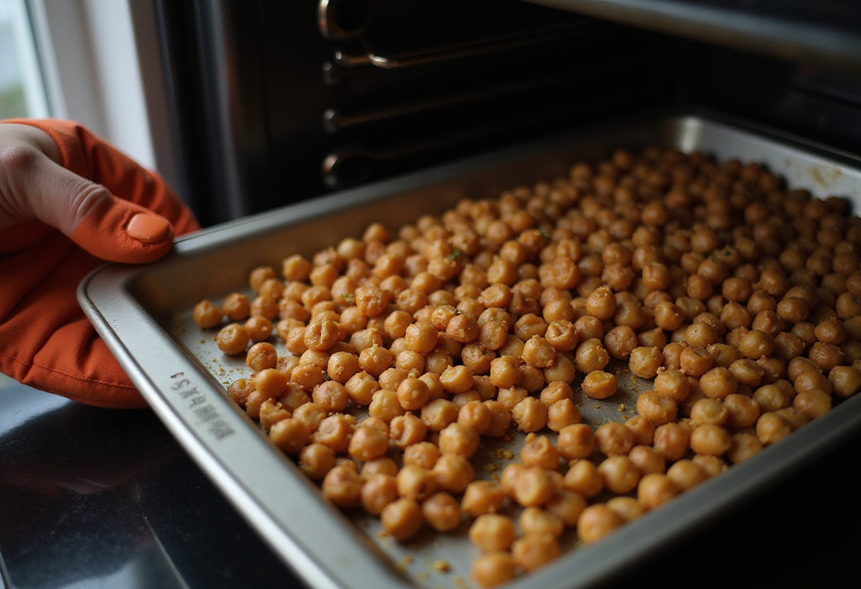 Placing seasoned chickpeas in the oven for roasting: kitchen scene with oven mitt and open oven door.
