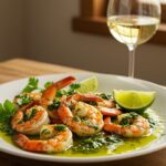 Final presentation of chimichurri shrimp on a rustic table, showcasing the colorful dish with herbs and a glass of wine.