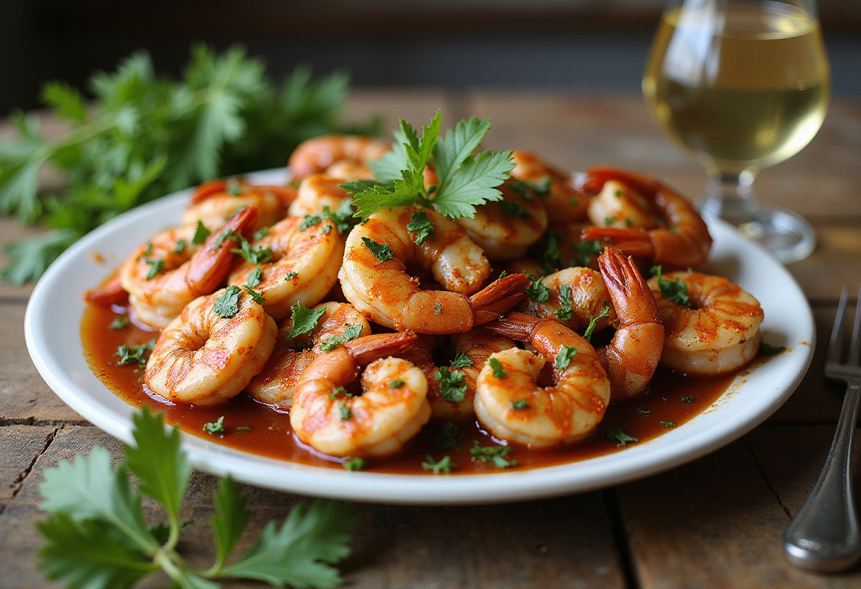 Final presentation of chimichurri shrimp on a rustic table, showcasing the colorful dish with herbs and a glass of wine.