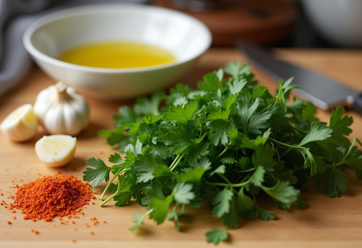 Chimichurri Shrimp preparation with parsley, garlic, and red pepper flakes for a flavorful sauce.