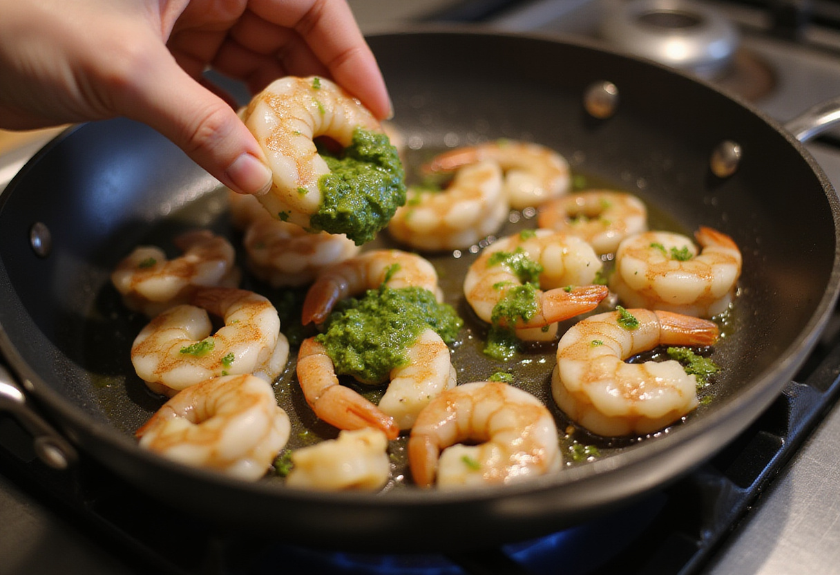 Cooking chimichurri shrimp in a skillet, with fresh shrimp turning pink as they are coated in flavorful chimichurri sauce.