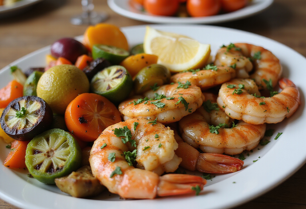 Serving delicious chimichurri shrimp, garnished with lemon and parsley, alongside a colorful array of grilled vegetables.