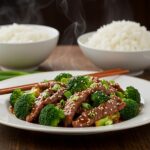 Delicious Chinese beef and broccoli dish served in an elegant plate, garnished perfectly, with rice on the side, perfect for a meal.