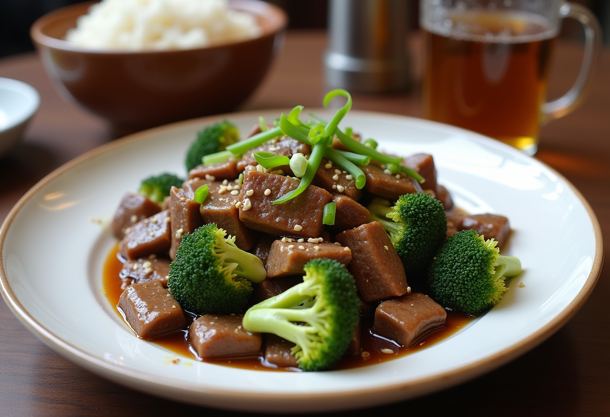 Delicious Chinese beef and broccoli dish served in an elegant plate, garnished perfectly, with rice on the side, perfect for a meal.