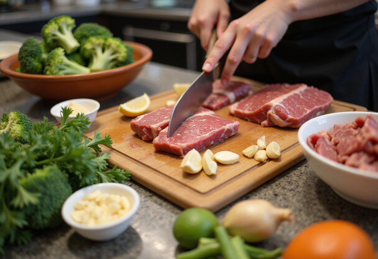 Fresh ingredients for Chinese beef and broccoli, including marinated beef, broccoli, garlic, and ginger on a kitchen counter.