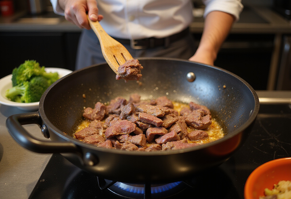 Sizzling marinated beef in a hot wok, preparing Chinese beef and broccoli dish with fresh green broccoli by the side.