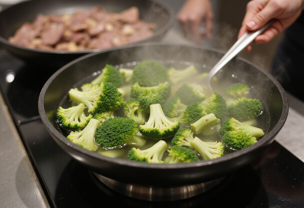Blanching fresh broccoli for Chinese beef and broccoli in boiling water, while sizzling beef cooks in the wok, showcasing the cooking process.