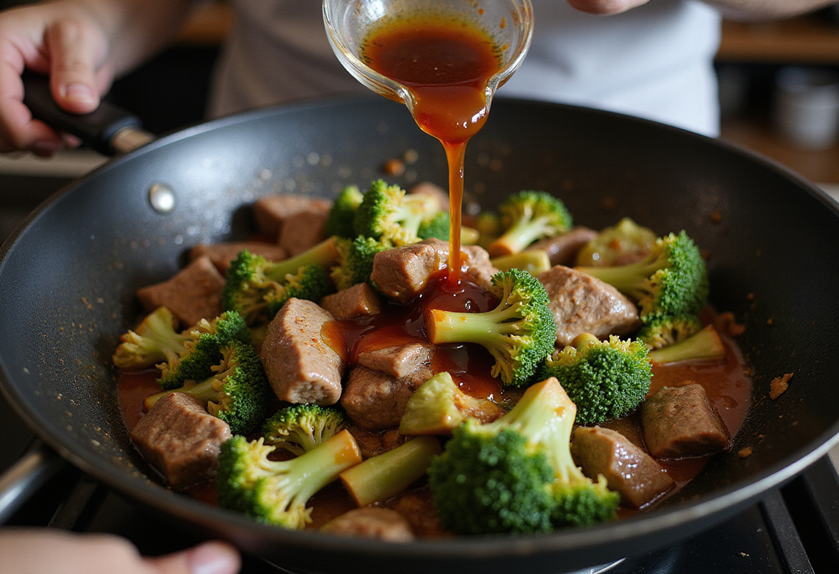 Adding soy sauce and oyster sauce into the wok for Chinese beef and broccoli, enhancing flavor with vibrant colors in the cooking process.