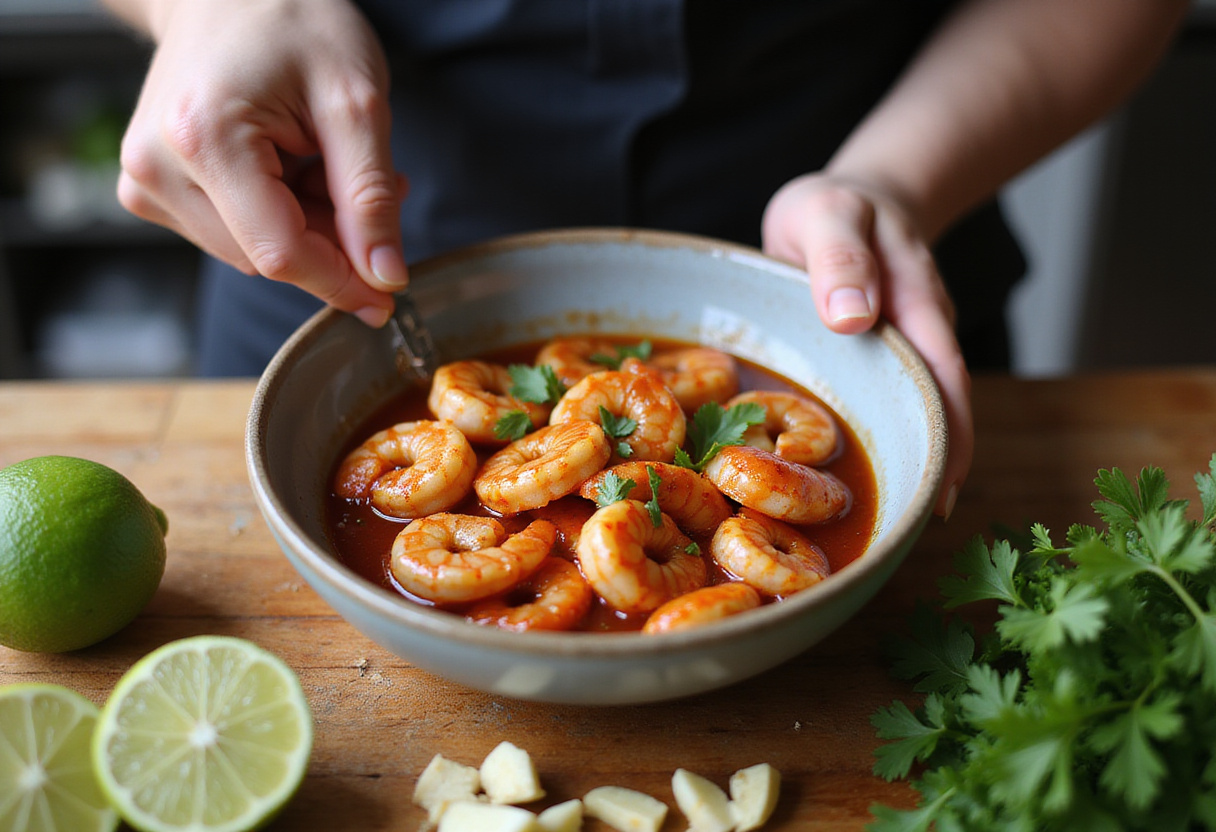 Marinating shrimp for Chipotle Shrimp Taco Bowl with flavorful chipotle sauce and fresh ingredients.