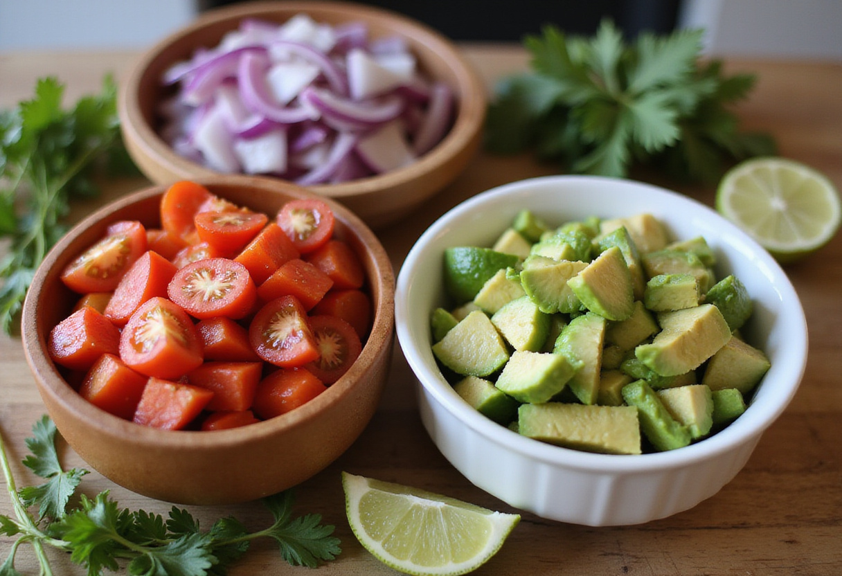Preparing fresh toppings for Chipotle Shrimp Taco Bowl with vibrant vegetables and herbs.