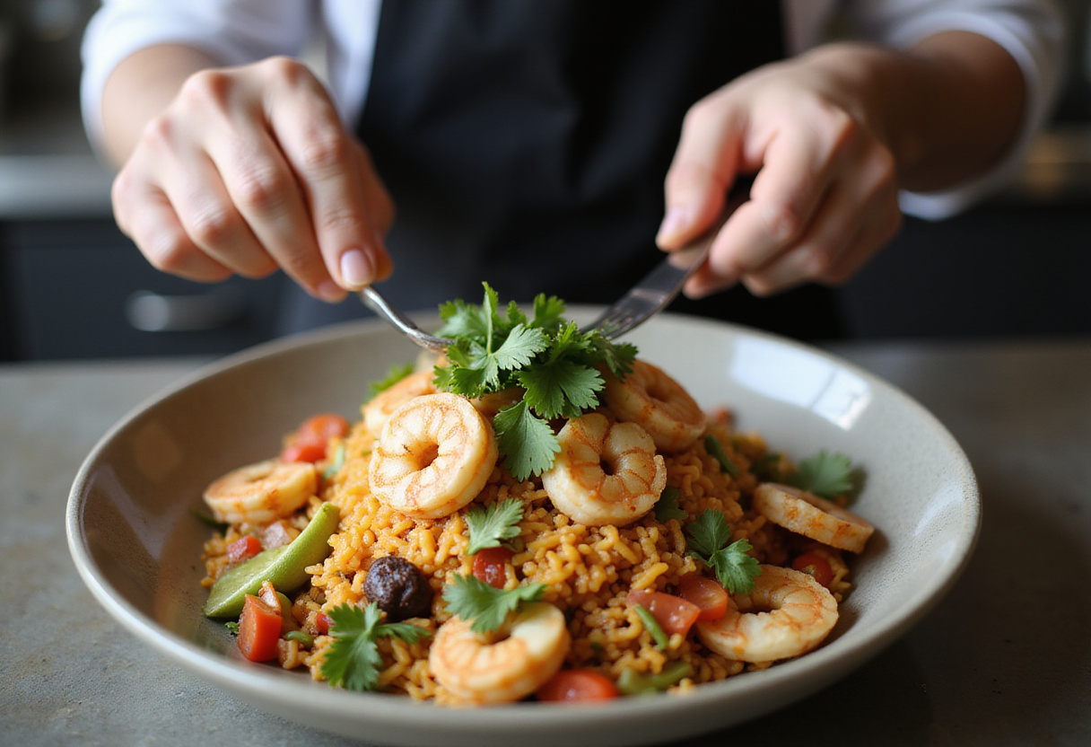 Assembling a flavorful Chipotle Shrimp Taco Bowl with rice, shrimp, and fresh toppings.