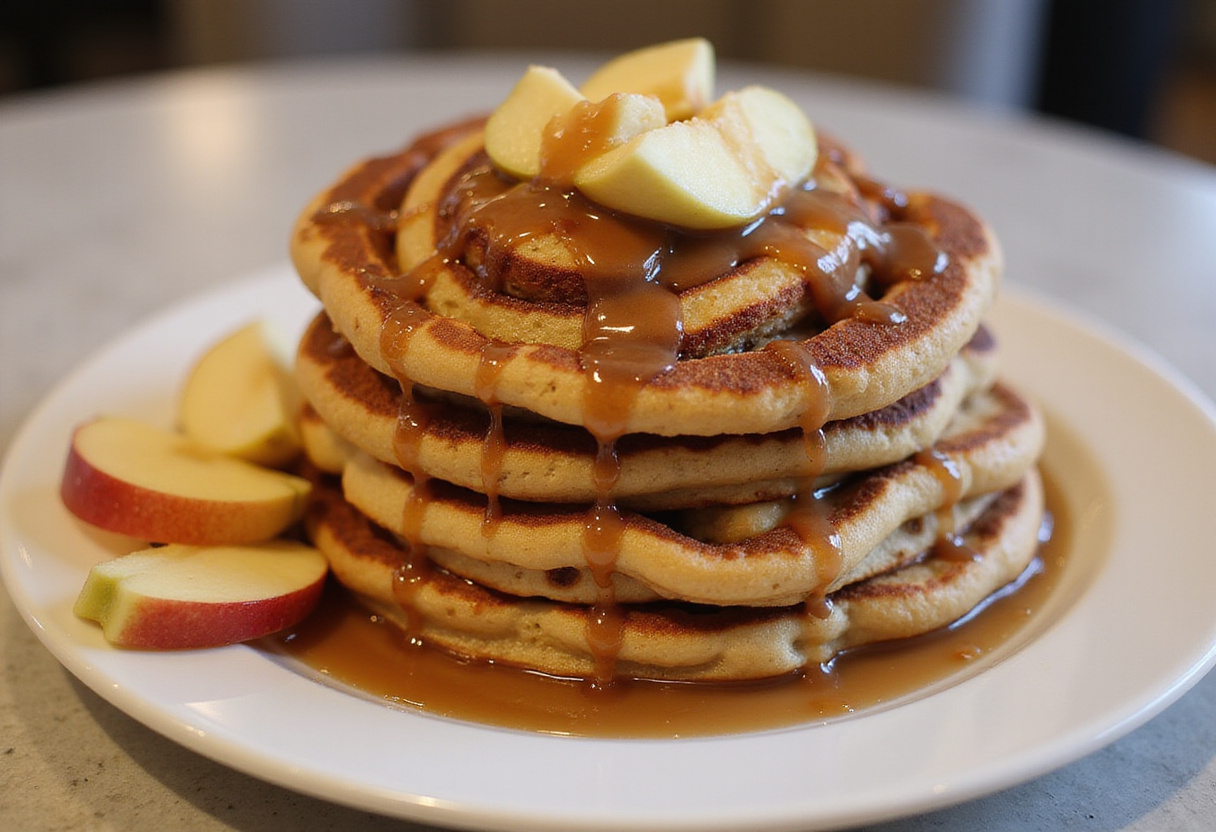 final presentation of cinnamon roll pancakes, showcasing the swirls of cinnamon and icing, perfect for a tempting breakfast.