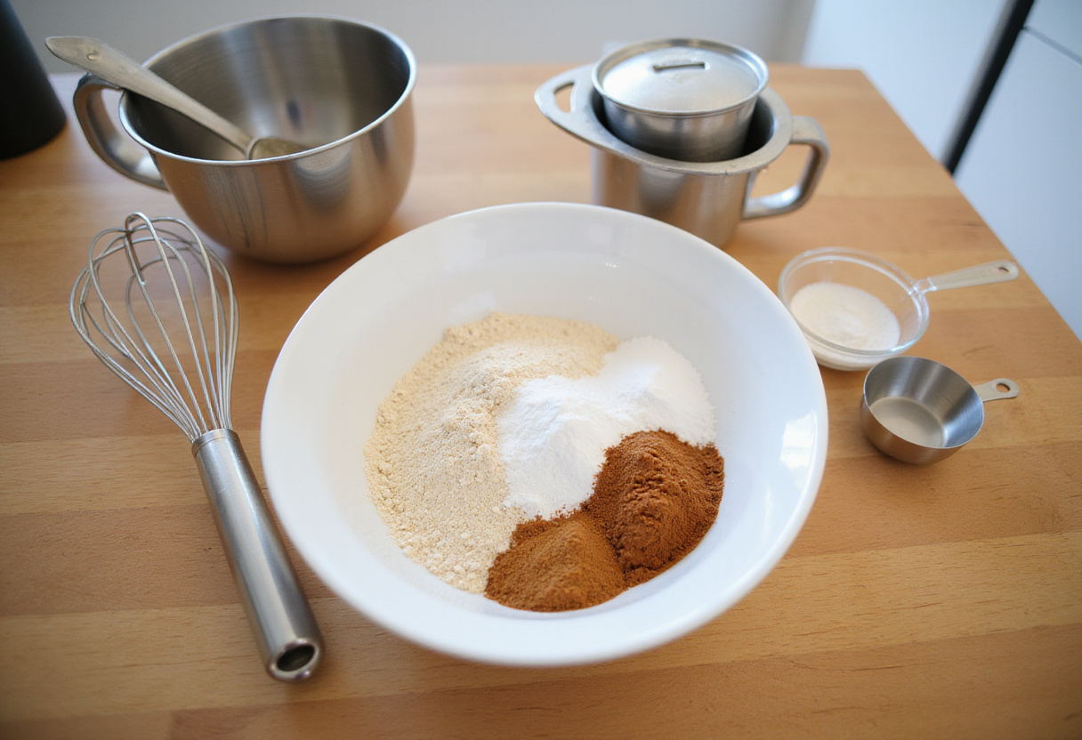 cinnamon roll pancakes ingredients preparation, mixing flour and sugar for pancake batter.