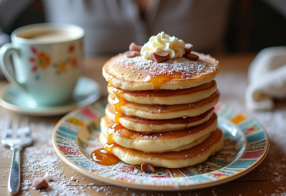 delicious stack of cinnamon roll pancakes, served with icing and powdered sugar for a delightful breakfast experience.