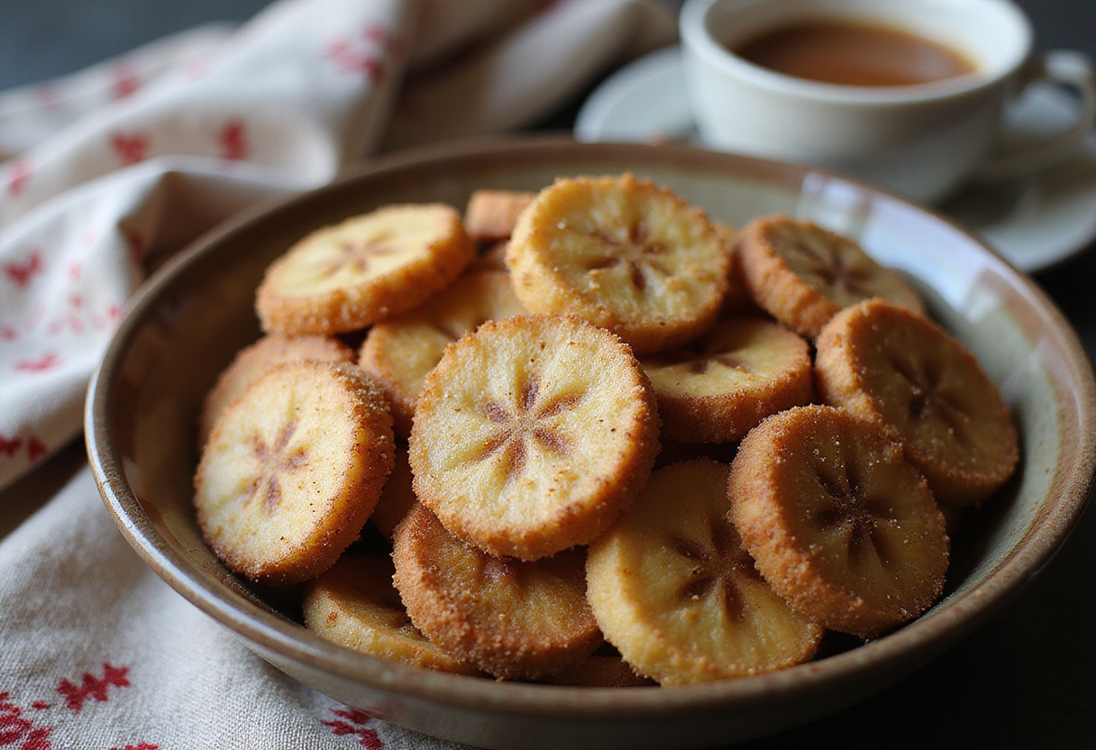 Delicious cinnamon-sugar air fryer banana chips presented beautifully in a bowl, ideal for snack lovers.