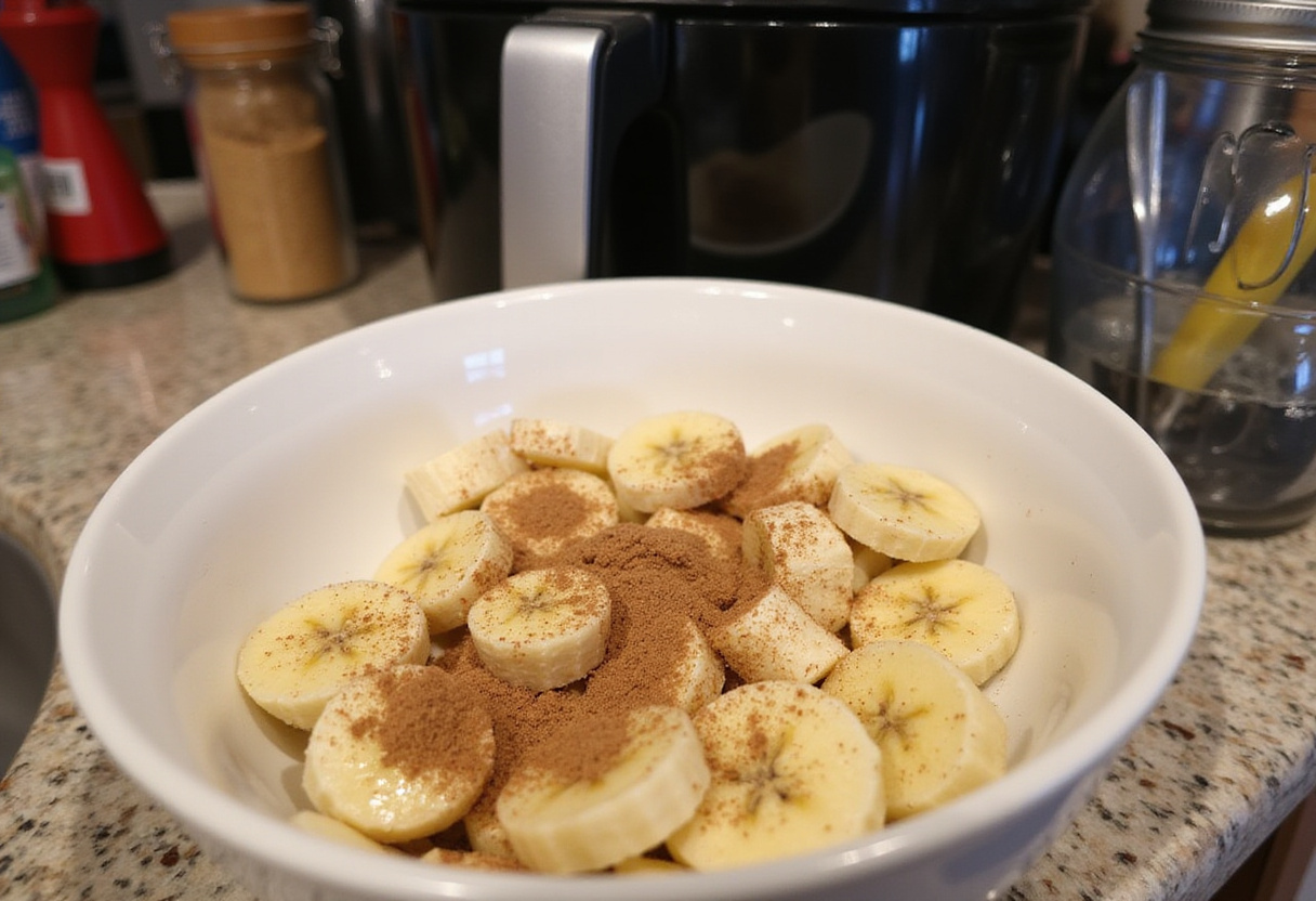 Sliced bananas with cinnamon and sugar mixture in a bowl for homemade cinnamon-sugar air fryer banana chips.