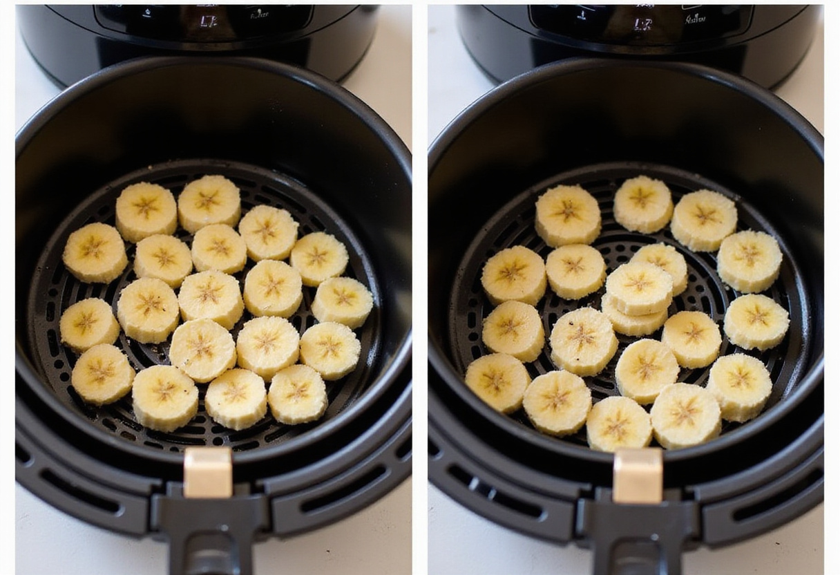 Banana slices arranged in an air fryer basket for making crispy cinnamon-sugar banana chips.