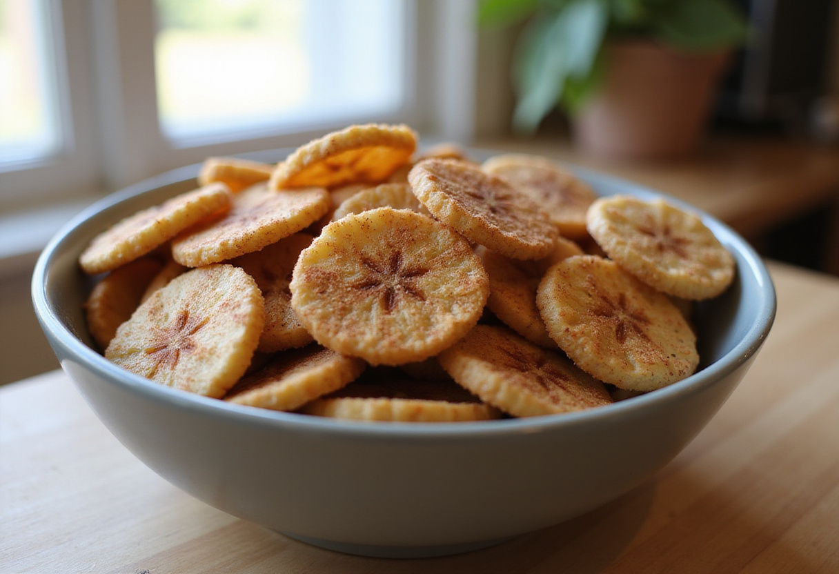 Crispy cinnamon-sugar air fryer banana chips displayed in a bowl, perfect for a healthy snack.