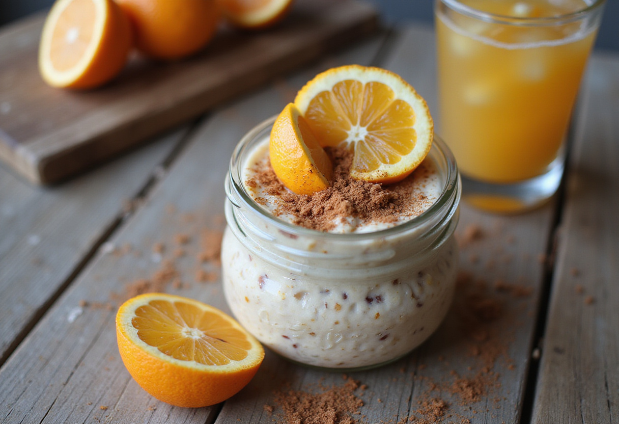 A stunning display of citrus-spiced overnight oats in a jar topped with fresh fruits, a perfect healthy breakfast idea.