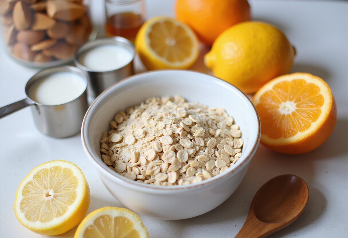 Citrus-Spiced Overnight Oats ingredients with oats, almond milk, honey, and fresh citrus fruits for a healthy breakfast.