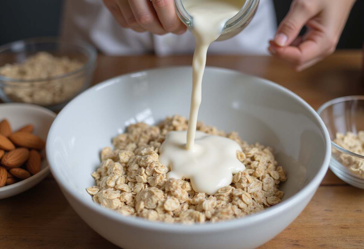 Making citrus-spiced overnight oats by combining rolled oats and almond milk for a nutritious meal prep idea.