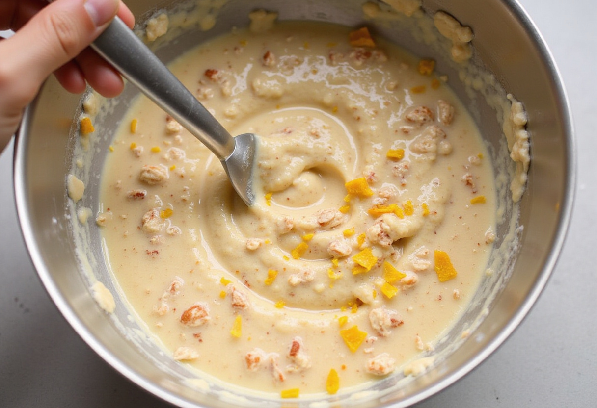 Stirring the citrus-spiced overnight oats mixture, preparing a delicious and nutritious meal for the next day.