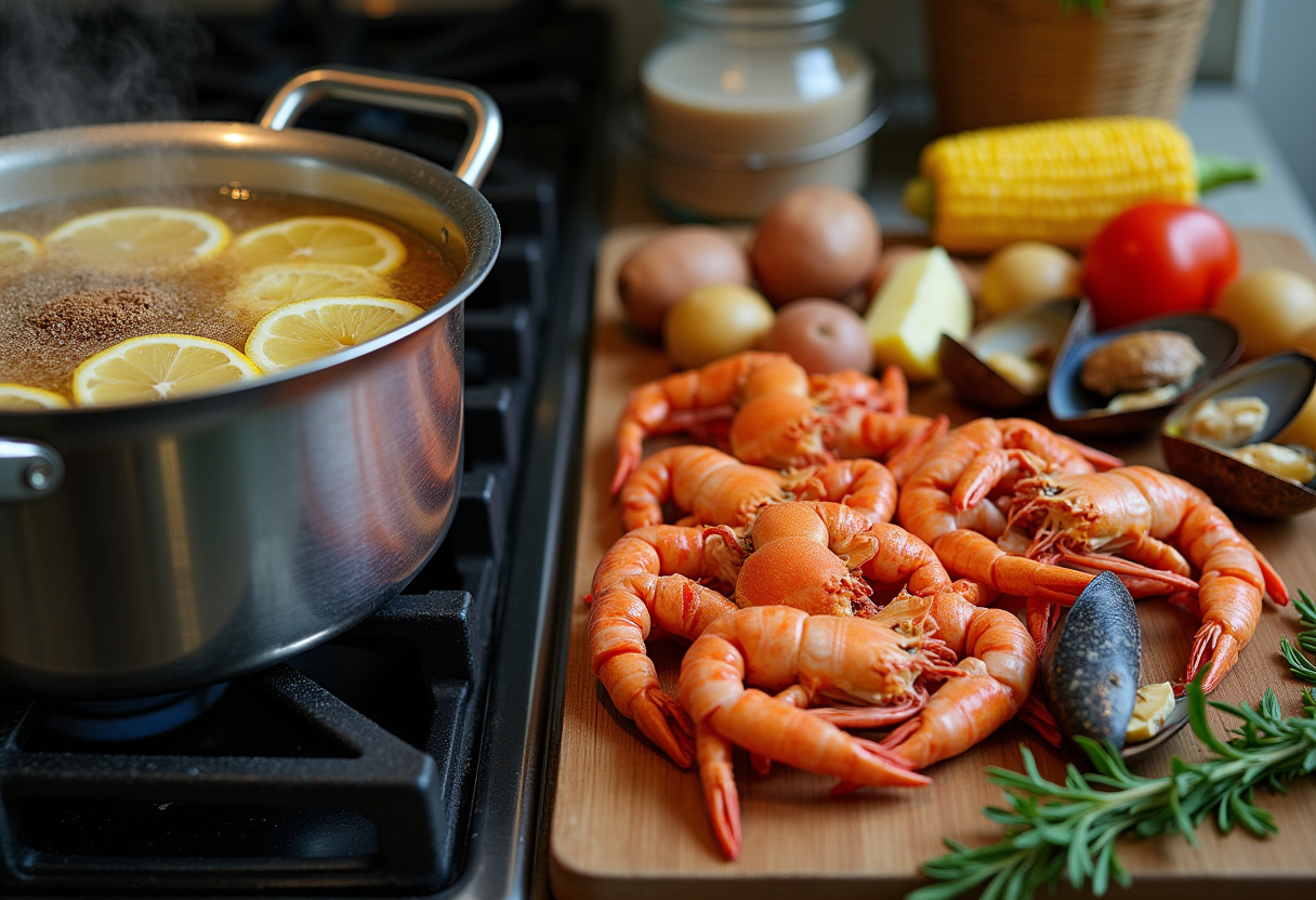Preparing a classic seafood boil with fresh shrimp, crab, and mussels in a pot of boiling spiced water.