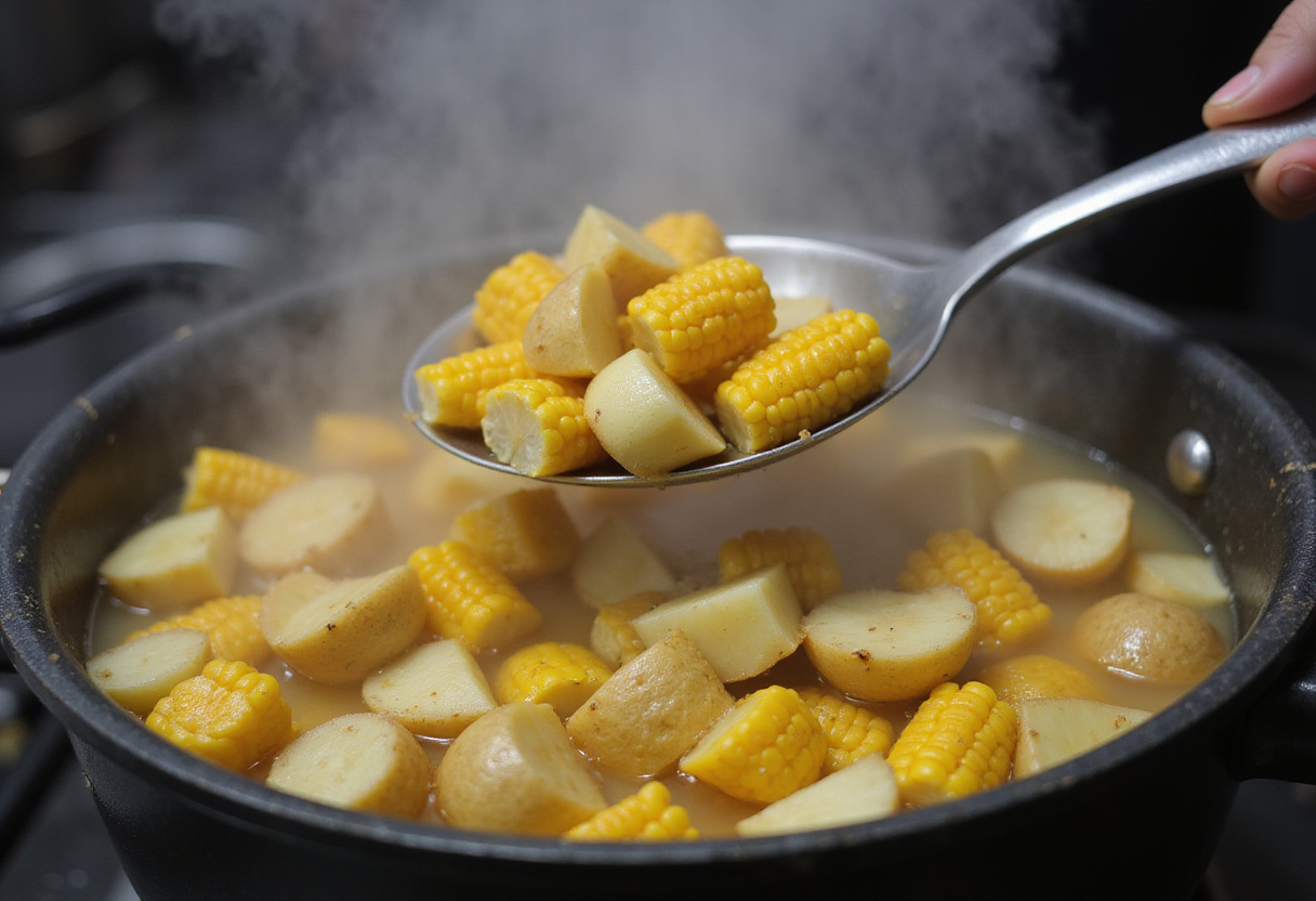 Adding corn and potatoes to the boiling seafood pot for a delicious classic seafood boil.
