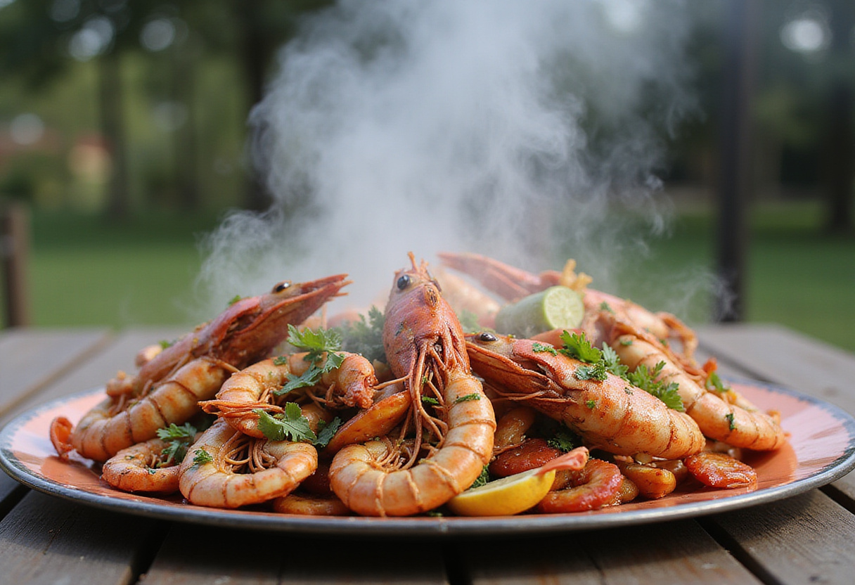 Presenting a beautifully plated classic seafood boil with shrimp, crabs, corn, and potatoes on a rustic outdoor table.