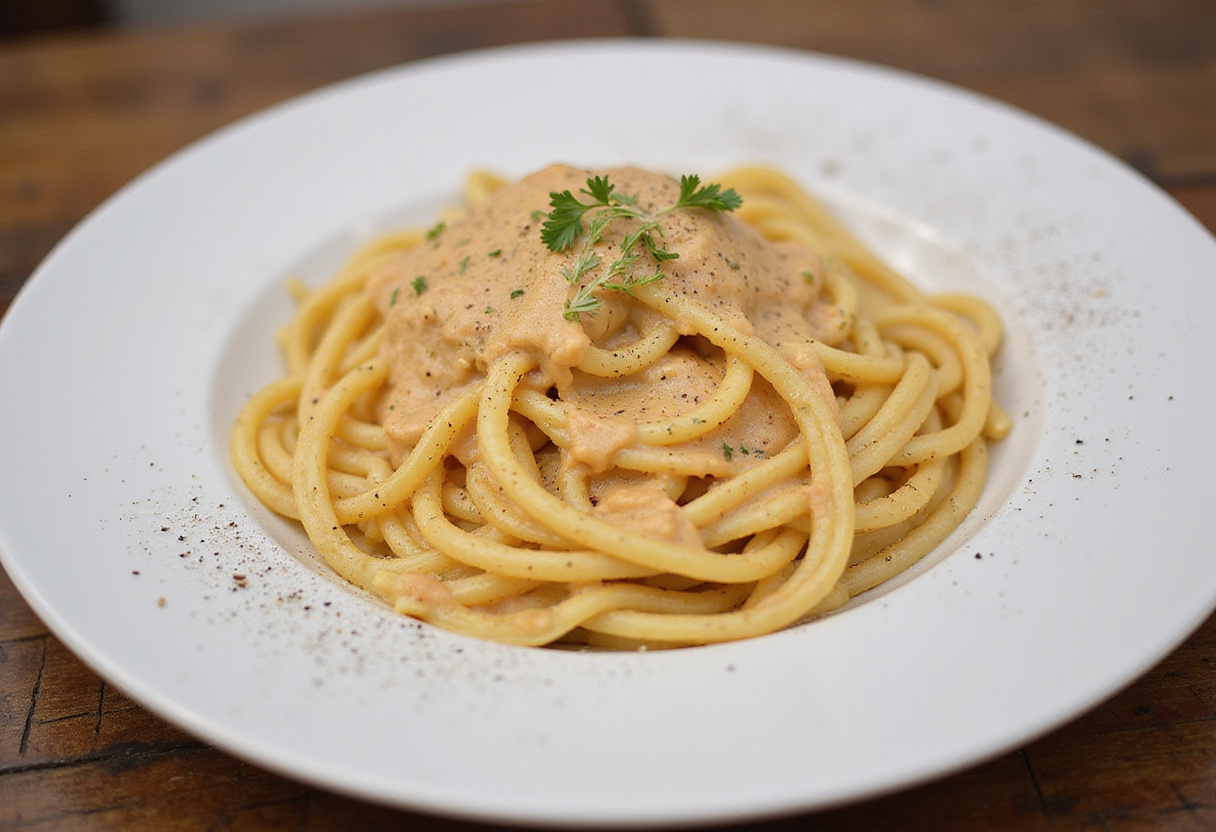 Final presentation of Classic Spaghetti Carbonara, a delicious gourmet plate of creamy pasta ready to be enjoyed on a rustic table.