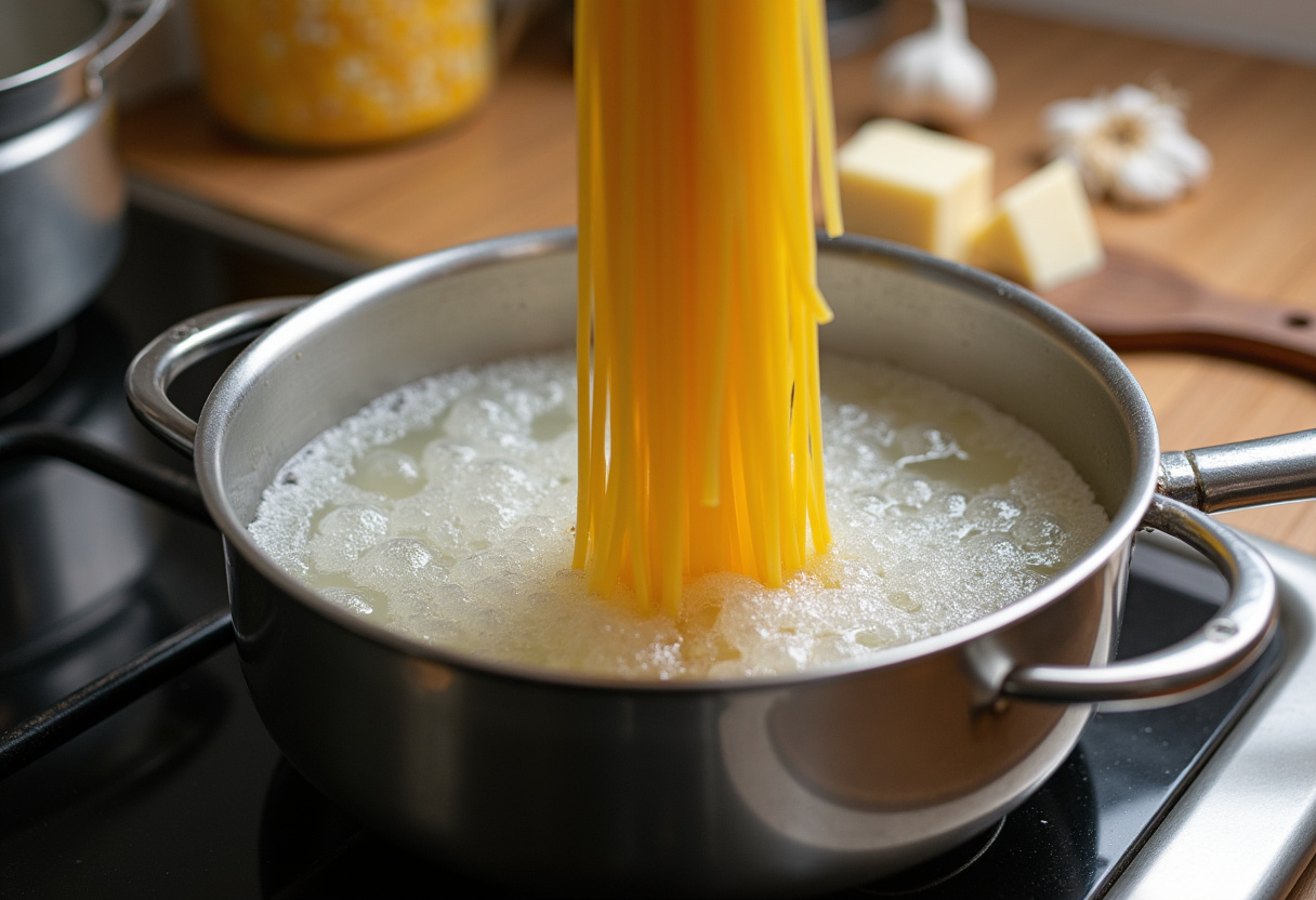 Preparation of Classic Spaghetti Carbonara, boiling spaghetti in salted water in a cozy kitchen scene.