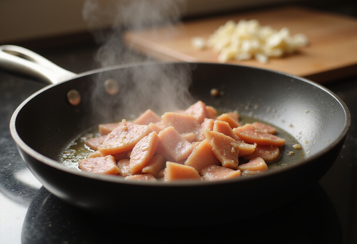 Cooking pancetta for Classic Spaghetti Carbonara on the stove, showcasing the delicious aroma in a modern kitchen.