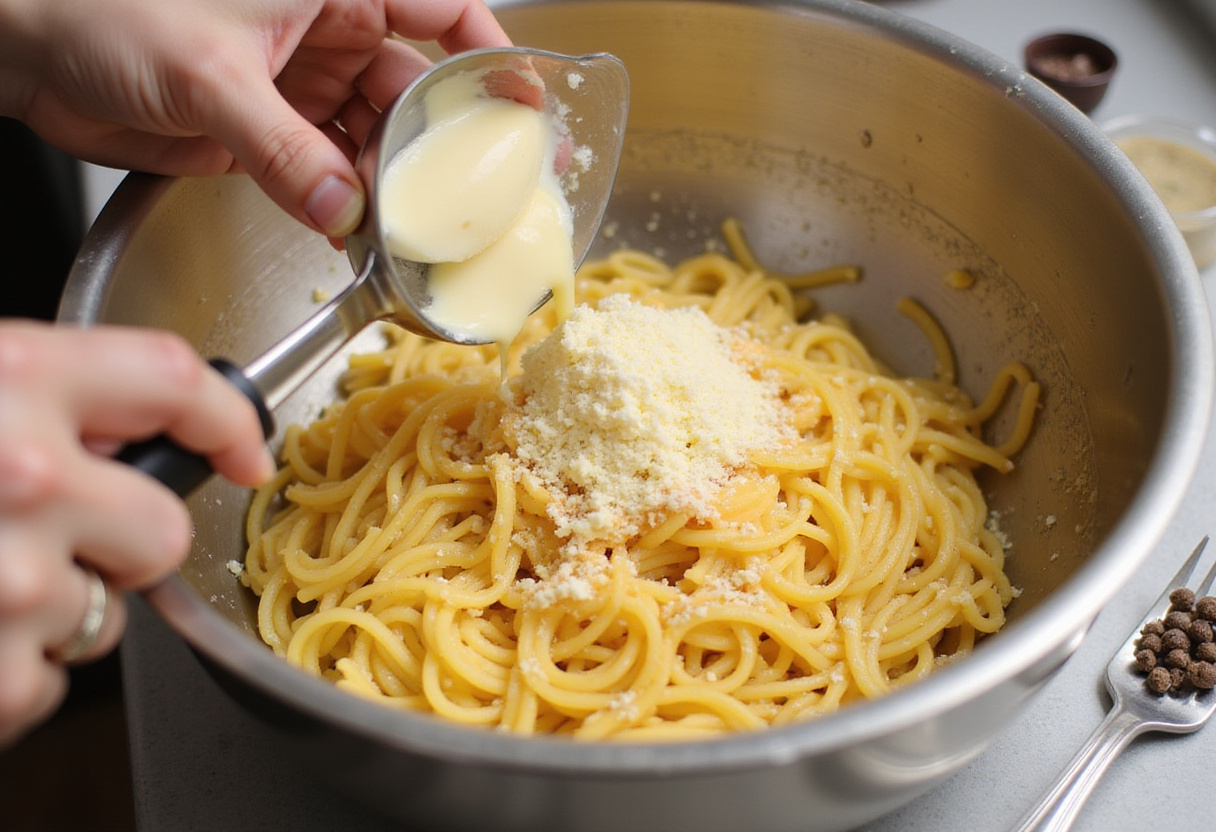 Combining ingredients for Classic Spaghetti Carbonara, showcasing the delicious mix of spaghetti, egg, and cheese in a homely kitchen.