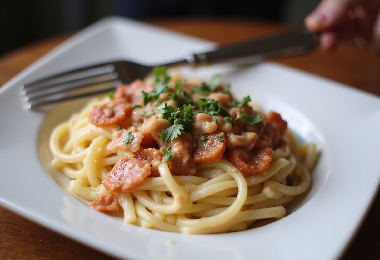 Serving up Classic Spaghetti Carbonara, a delicious plate of creamy pasta garnished with pancetta and parsley on a table.