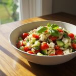 Colorful and fresh Cold Panzanella or Orzo Pasta Salad displayed elegantly, highlighting the essence of summer flavors in a delicious dish.