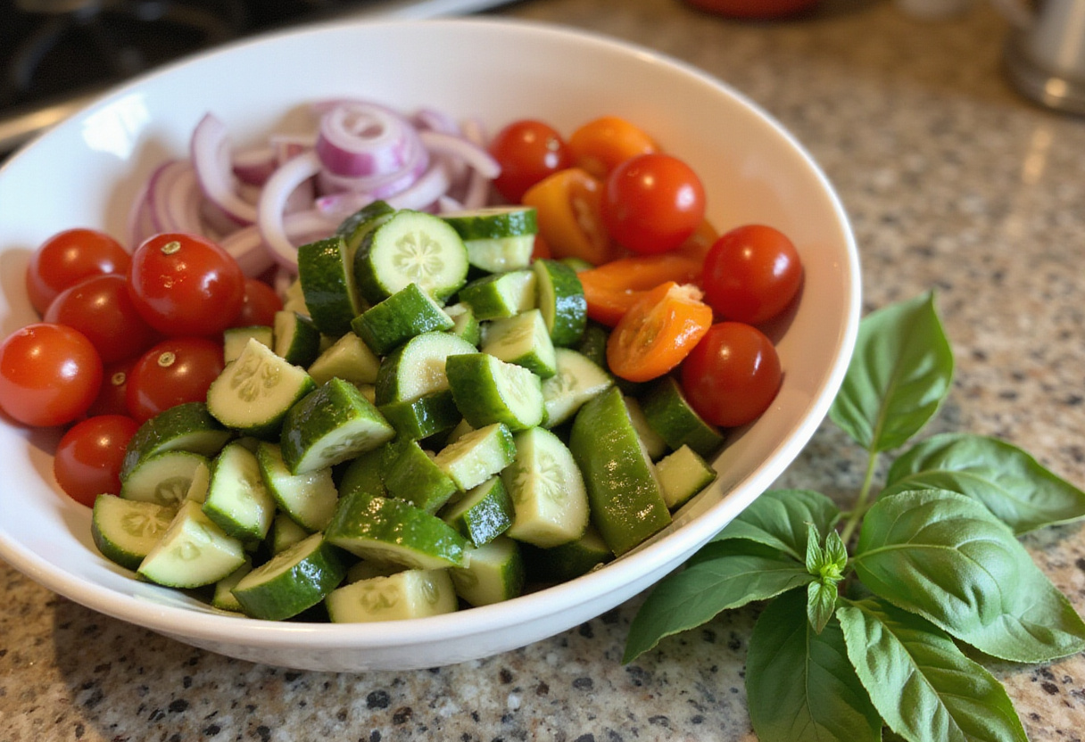 Fresh ingredients for Cold Panzanella, including cucumbers, cherry tomatoes, red onion, bell peppers, and basil leaves ready for a delicious summer Orzo Pasta Salad.